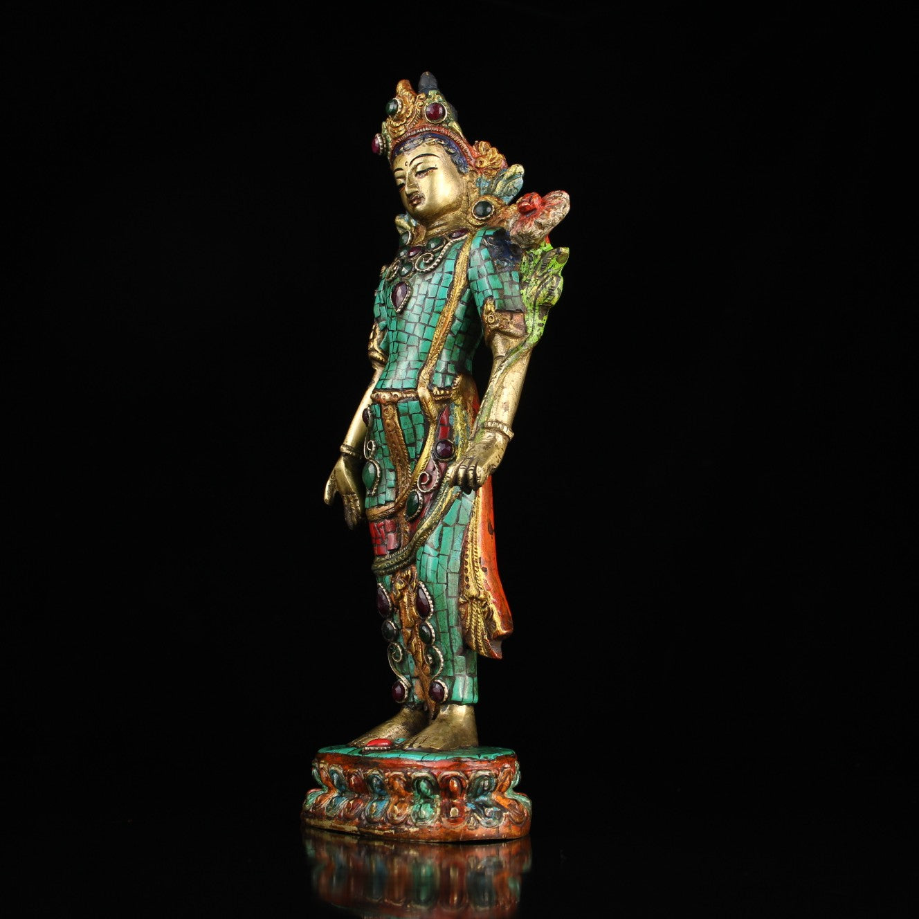 A2127 Old Tibetan Gilt Gold Bronze Inlay Turquoise & Gems Tara Statue