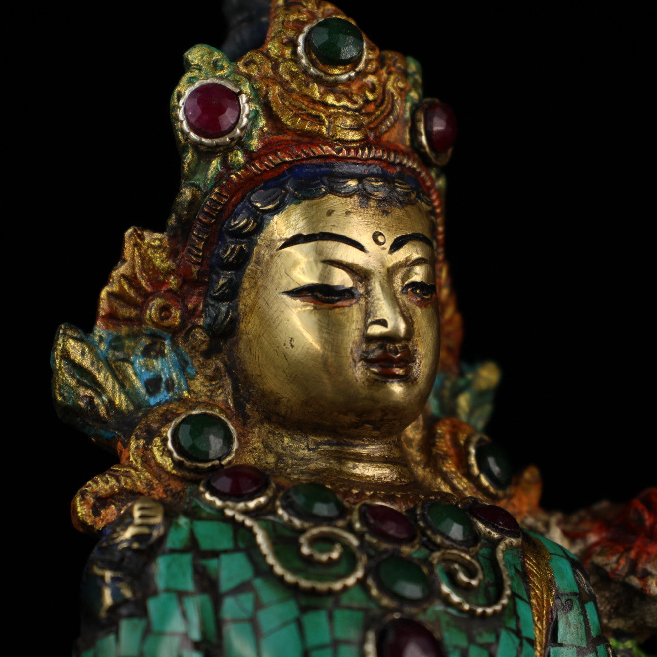 A2127 Old Tibetan Gilt Gold Bronze Inlay Turquoise & Gems Tara Statue