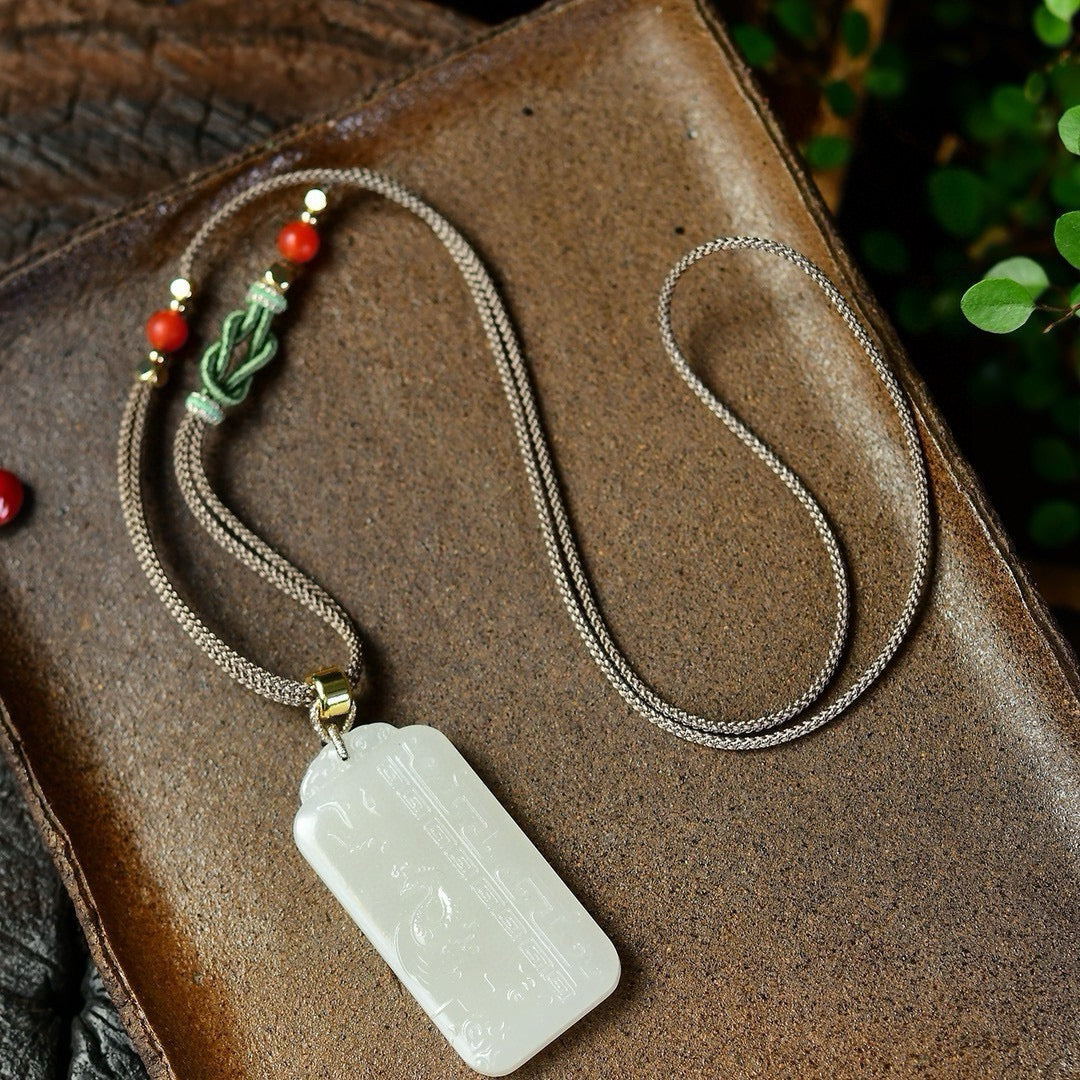A2131 Chinese Natural Hetian Jade Low Relief Phoenix Pendant w Hand Woven Necklace