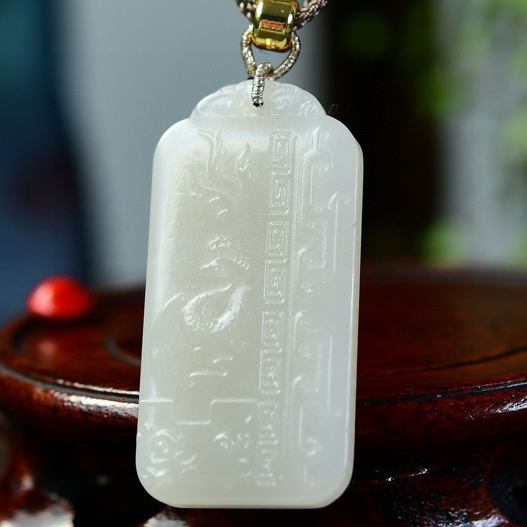 A2131 Chinese Natural Hetian Jade Low Relief Phoenix Pendant w Hand Woven Necklace