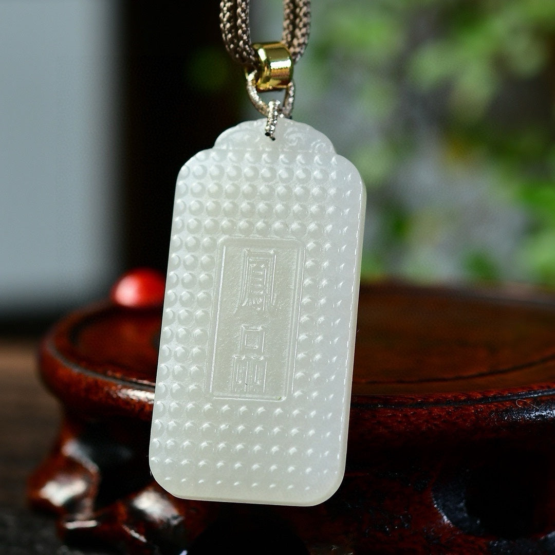 A2131 Chinese Natural Hetian Jade Low Relief Phoenix Pendant w Hand Woven Necklace
