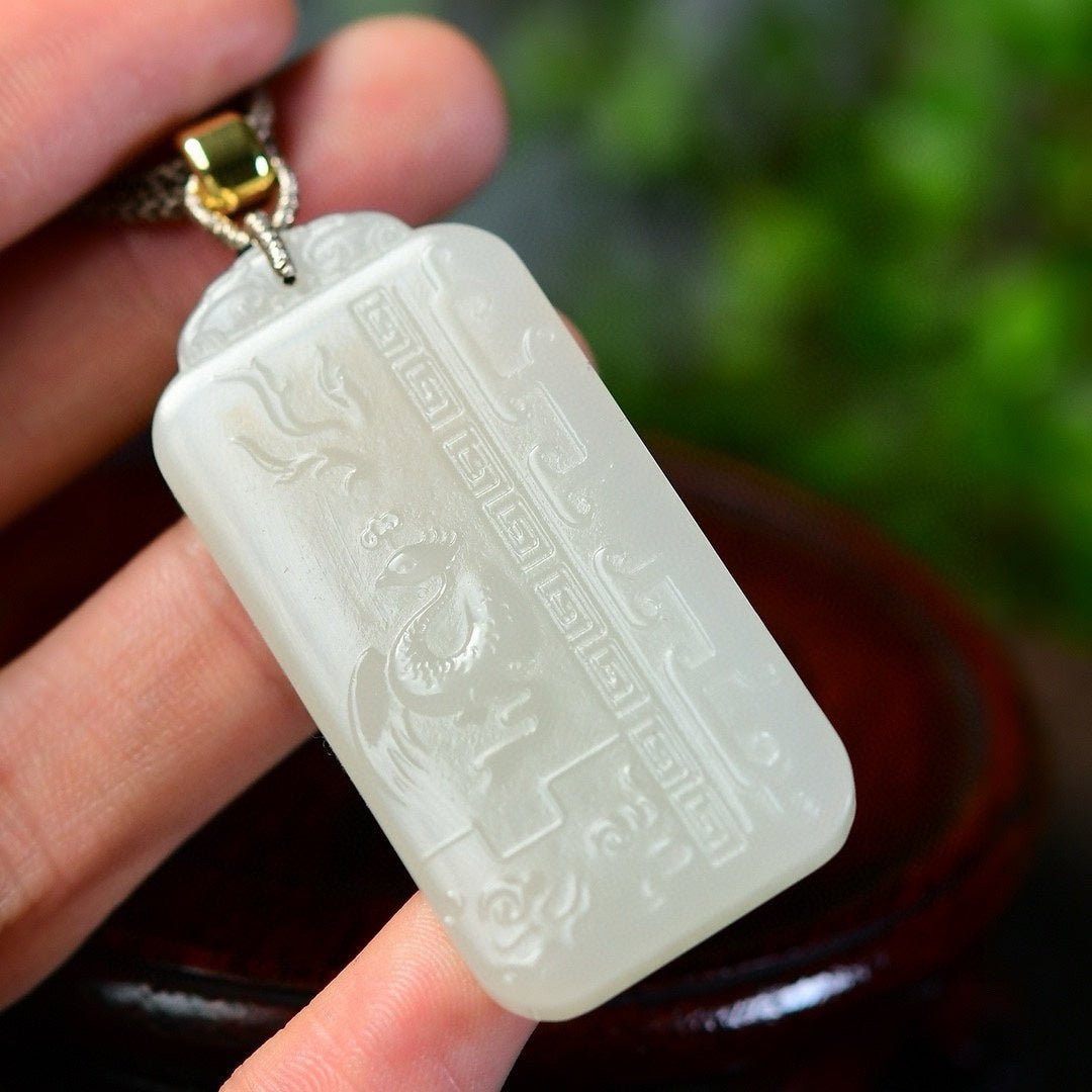 A2131 Chinese Natural Hetian Jade Low Relief Phoenix Pendant w Hand Woven Necklace