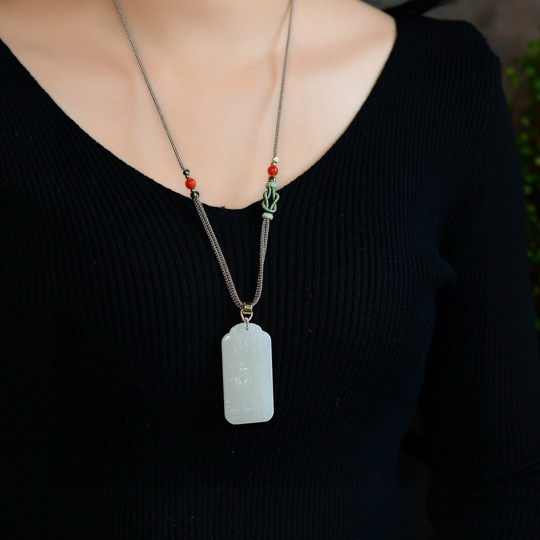 A2131 Chinese Natural Hetian Jade Low Relief Phoenix Pendant w Hand Woven Necklace