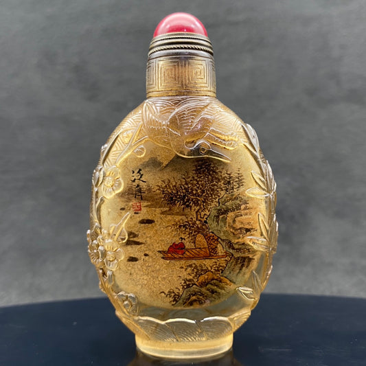 A2133 Old Chinese Peking Glass Inside Painting Mountain River Scene Design Snuff Bottle w Stopper