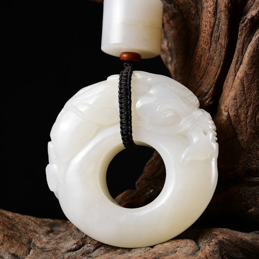 A2138 Superb Chinese White Hetian Jade Fortune Dragon Ring Pendant w Certificate