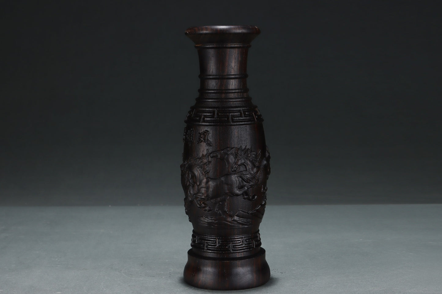 A2140 Old Chinese Chenxiang Wood Low Relief Eight Horse Vase