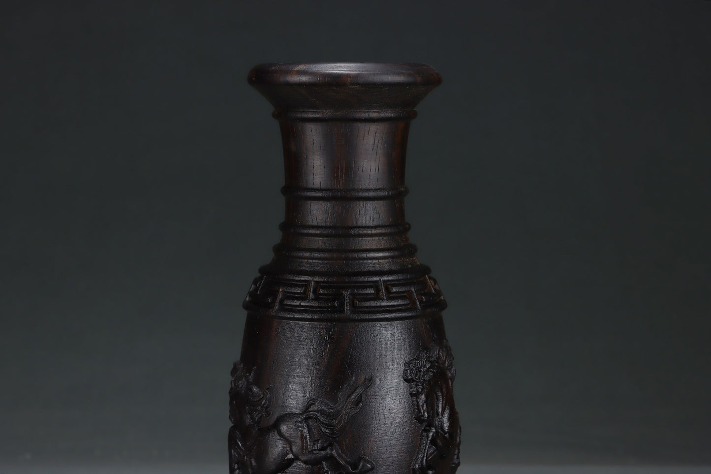 A2140 Old Chinese Chenxiang Wood Low Relief Eight Horse Vase
