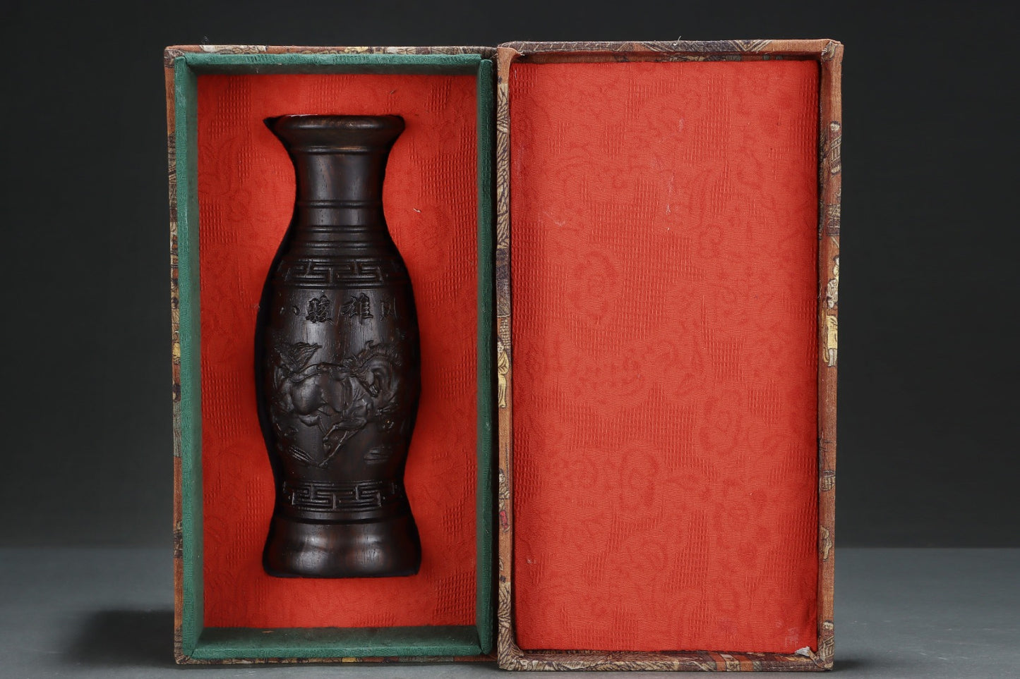 A2140 Old Chinese Chenxiang Wood Low Relief Eight Horse Vase