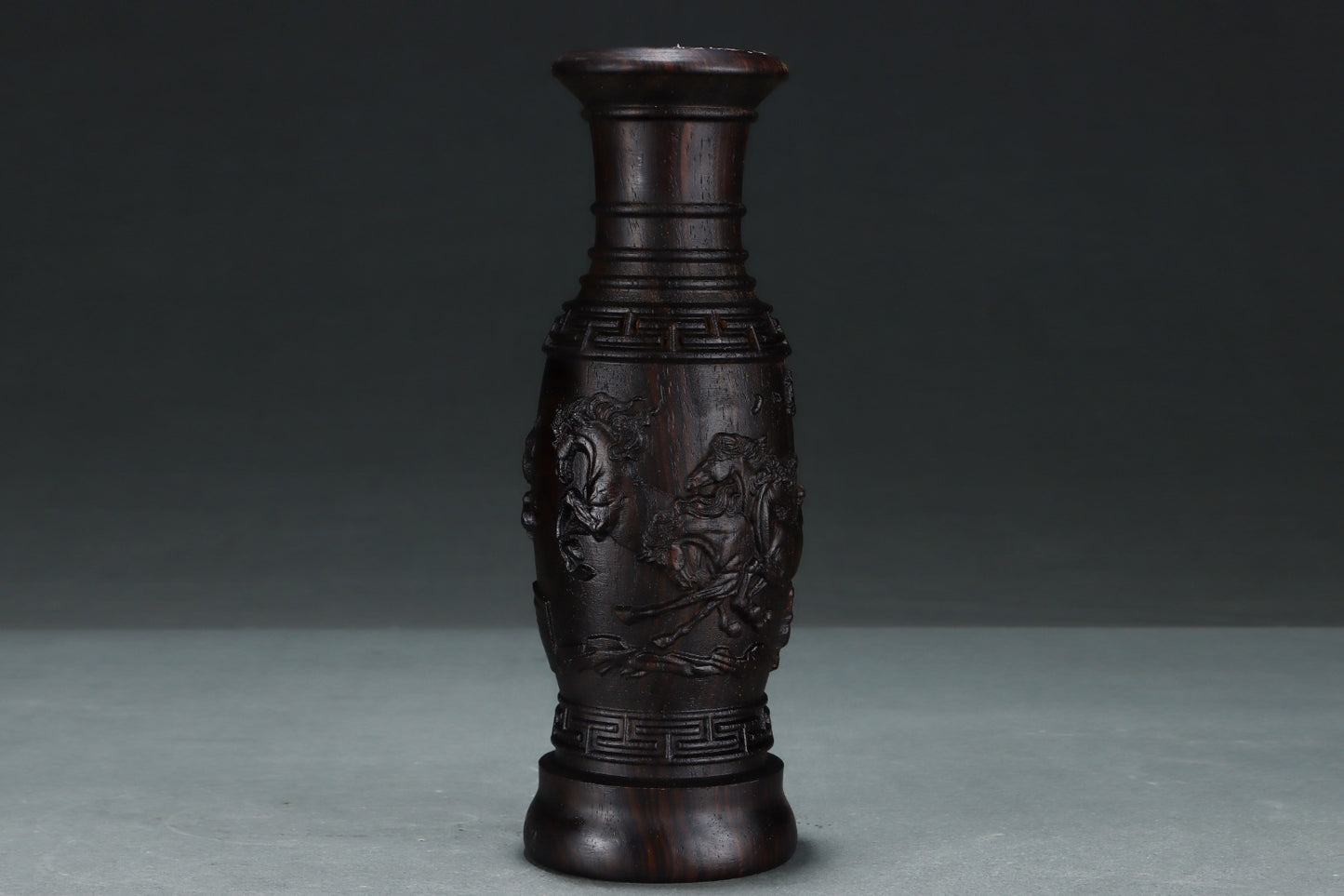 A2140 Old Chinese Chenxiang Wood Low Relief Eight Horse Vase