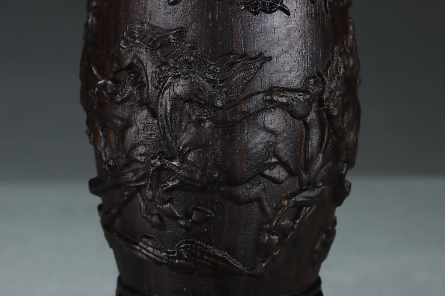 A2140 Old Chinese Chenxiang Wood Low Relief Eight Horse Vase