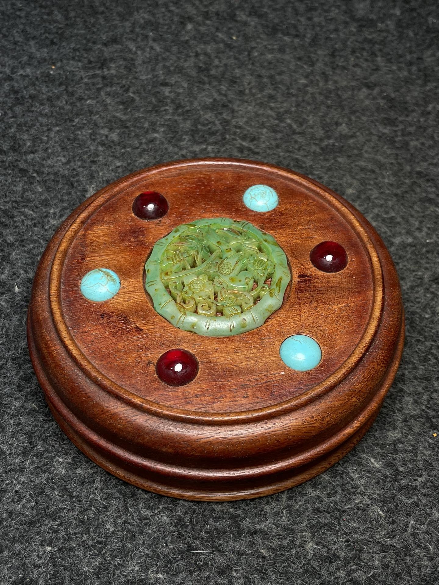 A2141 Vintage Chinese Copper Lotus Flower Incense Burning Tool & Huali Wood Inlay Gem Box