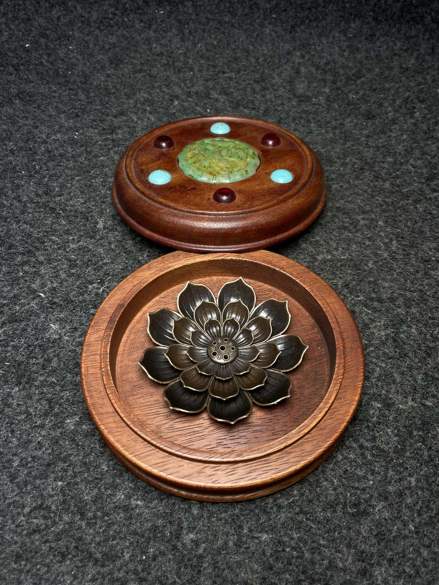 A2141 Vintage Chinese Copper Lotus Flower Incense Burning Tool & Huali Wood Inlay Gem Box