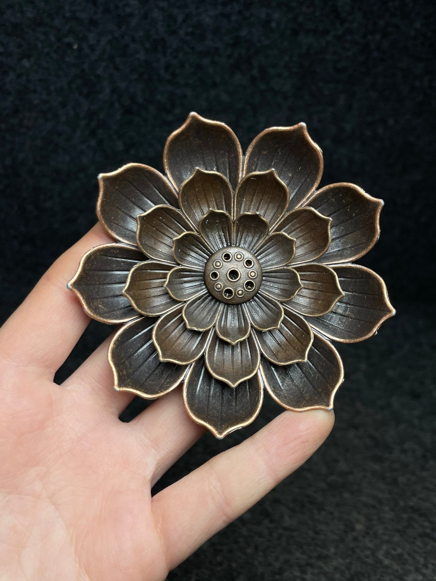 A2141 Vintage Chinese Copper Lotus Flower Incense Burning Tool & Huali Wood Inlay Gem Box