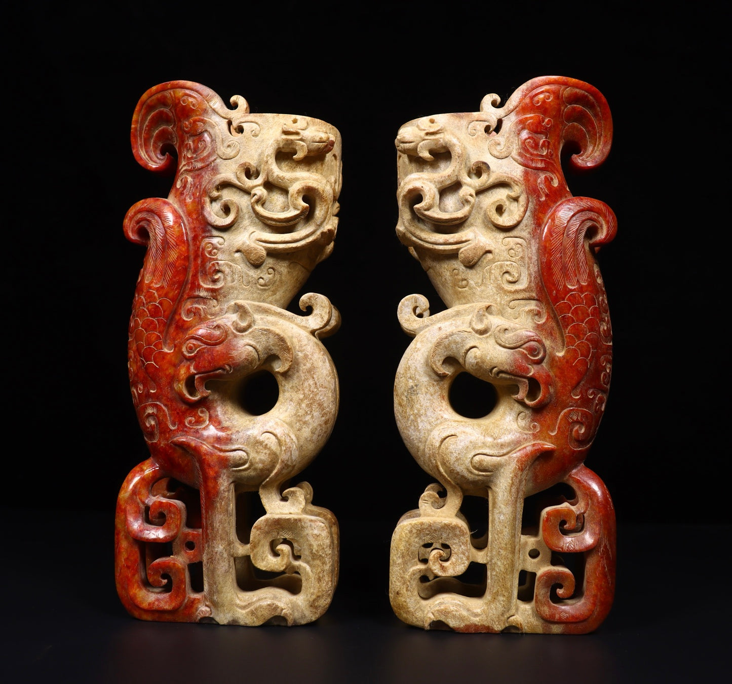 A2143 A Pair Superb Old Chinese Hetian Jade Dragon Phoenix Cups