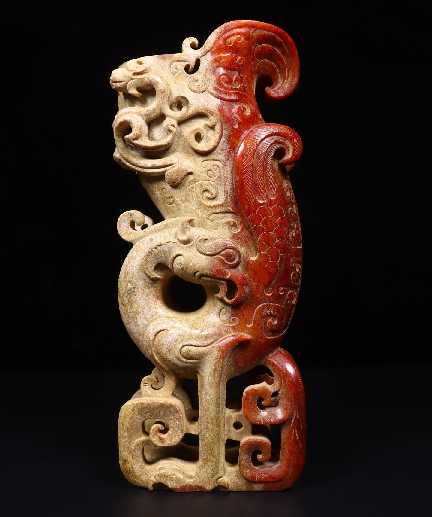 A2143 A Pair Superb Old Chinese Hetian Jade Dragon Phoenix Cups
