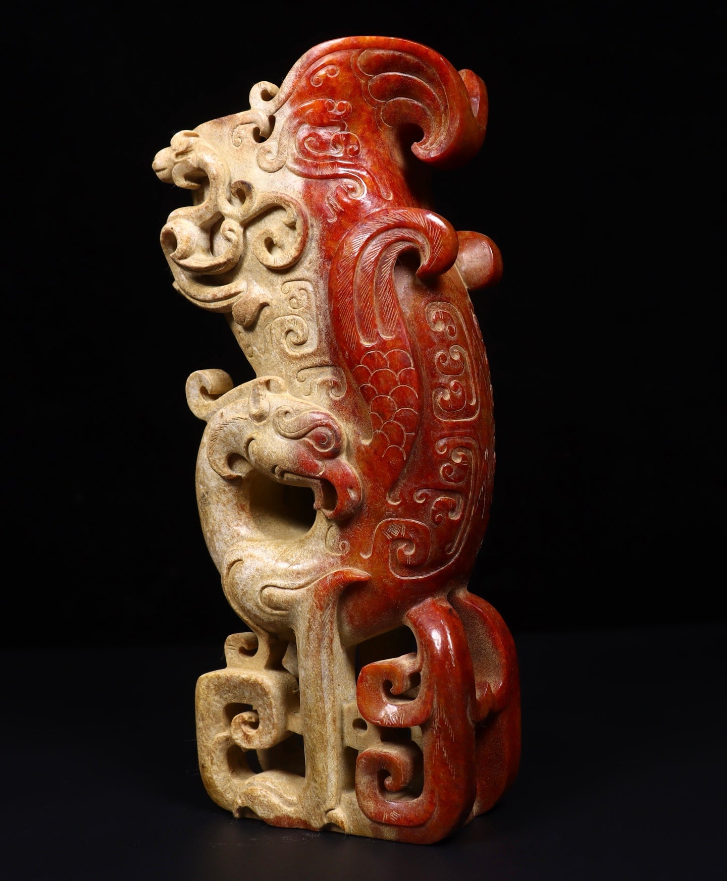 A2143 A Pair Superb Old Chinese Hetian Jade Dragon Phoenix Cups