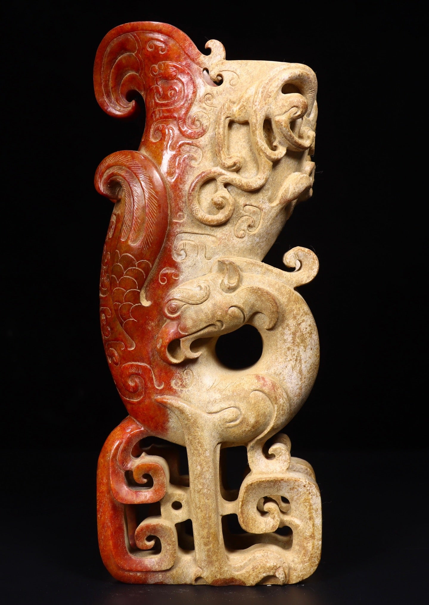 A2143 A Pair Superb Old Chinese Hetian Jade Dragon Phoenix Cups