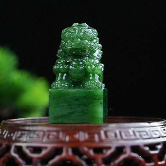 A2145 Superb Chinese Green Hetian Jade Carved Fortune Lion Seal w Certificate