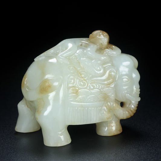 A2148 Superb Chinese Hetian Jade Carved Elephant &amp; Monkey Statue