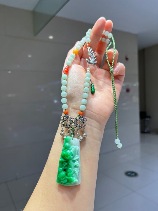 A2151 Exquisite Jadeite Carved Carp & Lotus Flower Pendant w 925 Silver & Jadeite Beads Necklace
