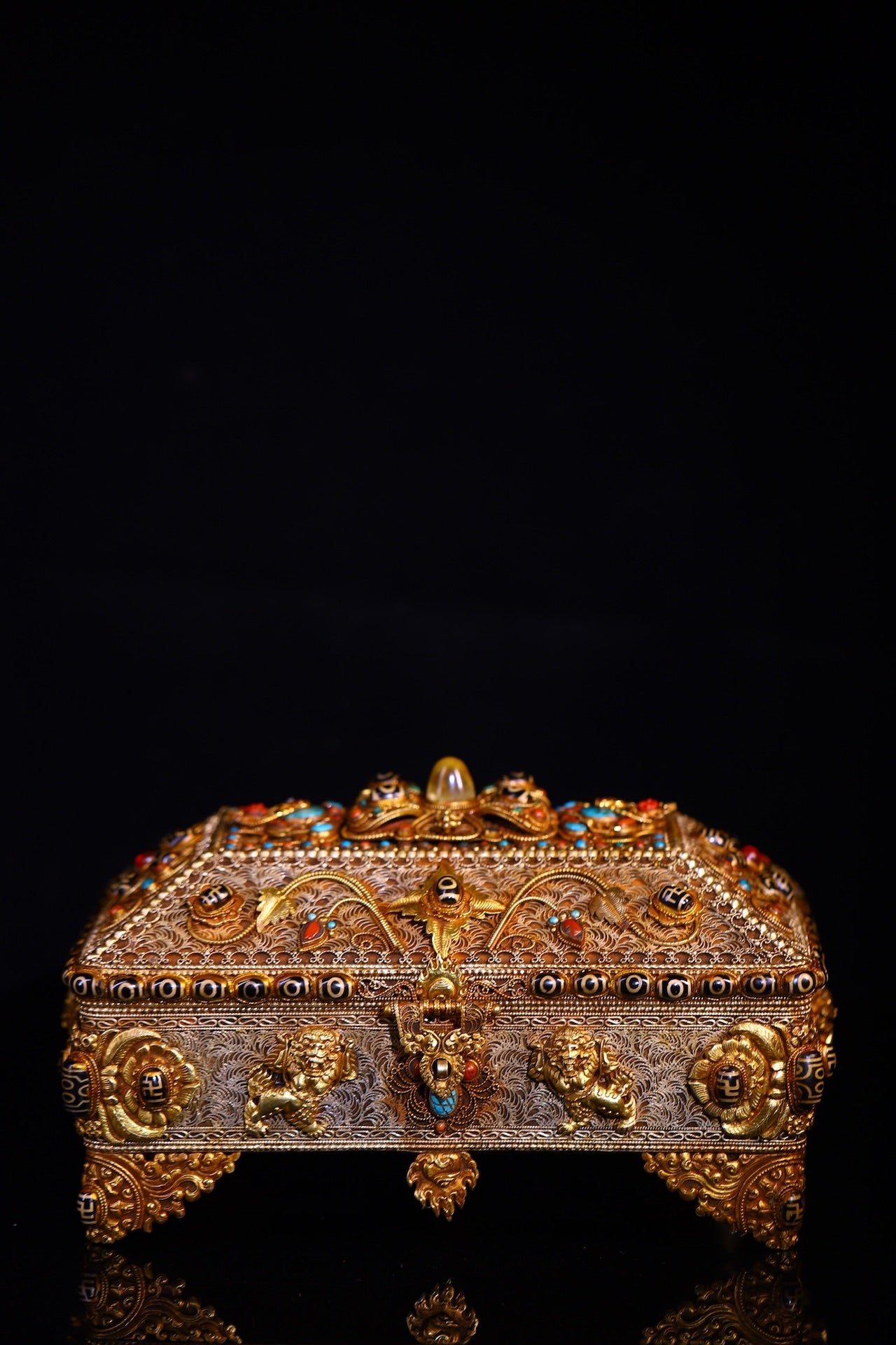 A2153 Tibetan Silver Wires Inlay DZI Agate &amp; Turquoise Jewellery Box