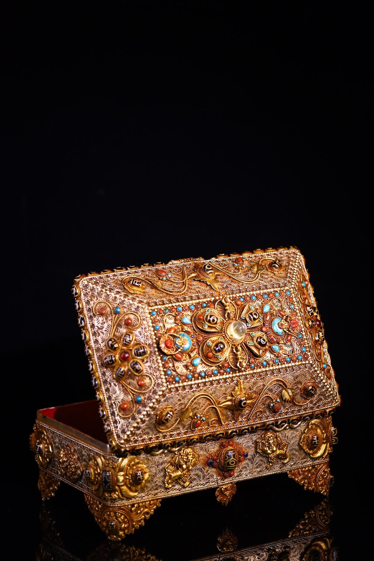 A2153 Tibetan Silver Wires Inlay DZI Agate &amp; Turquoise Jewellery Box