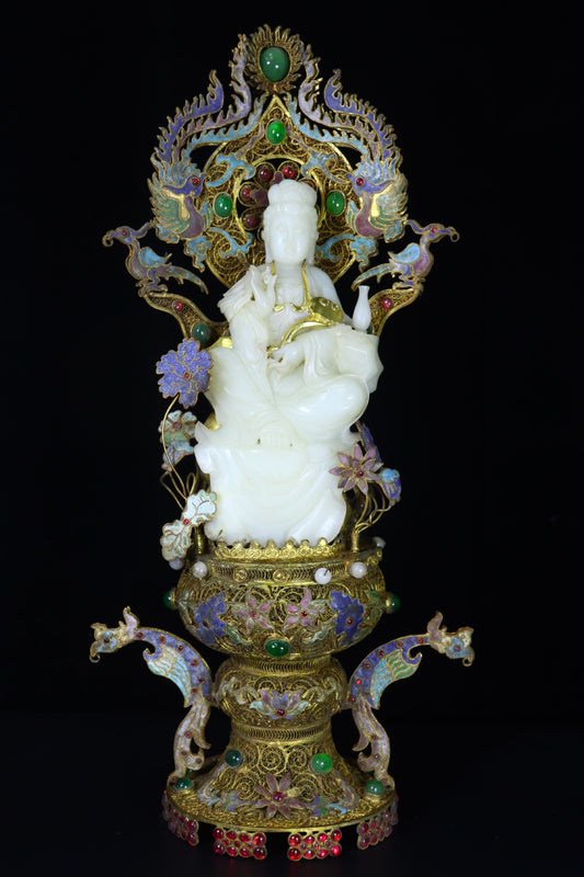 A2156 Superb Vintage Chinese Hetian Jade Carved Kwan-yin Statue w Gold Wires Enamel Base