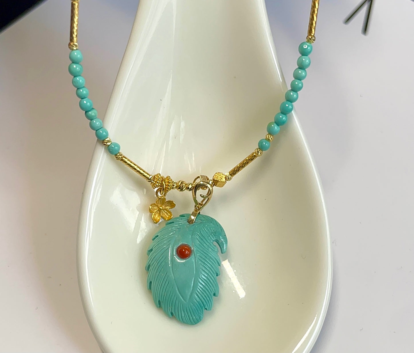 A2162 Hand Woven 18K Gold Inlay Turquoise Carved Feather Shape Pendant