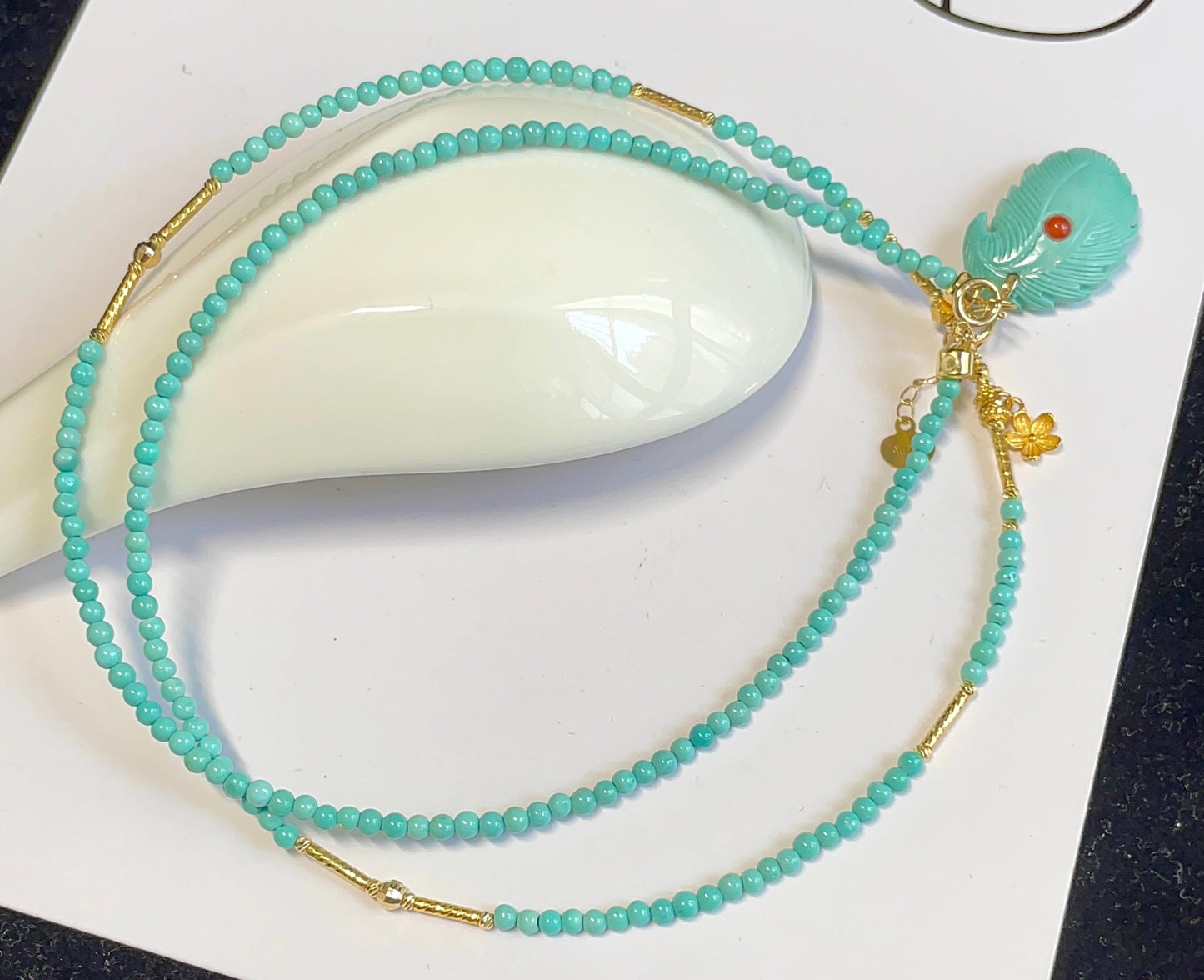 A2162 Hand Woven 18K Gold Inlay Turquoise Carved Feather Shape Pendant