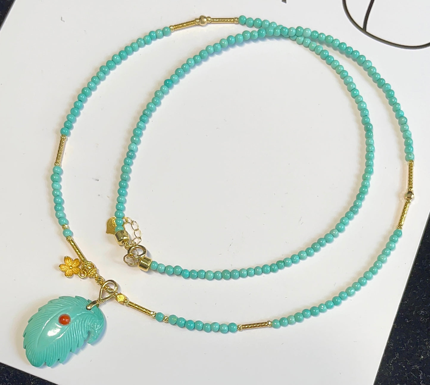 A2162 Hand Woven 18K Gold Inlay Turquoise Carved Feather Shape Pendant