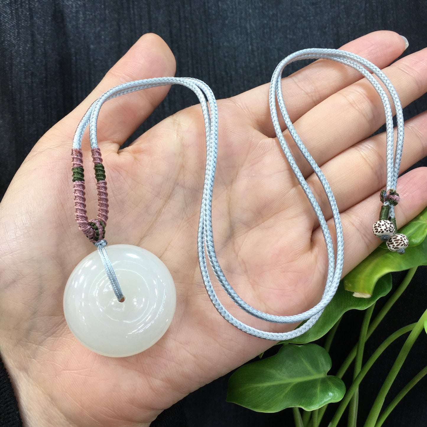 A2165 Chinese Natural Hetian Jade Lucky Pendant w Hand Woven Necklace
