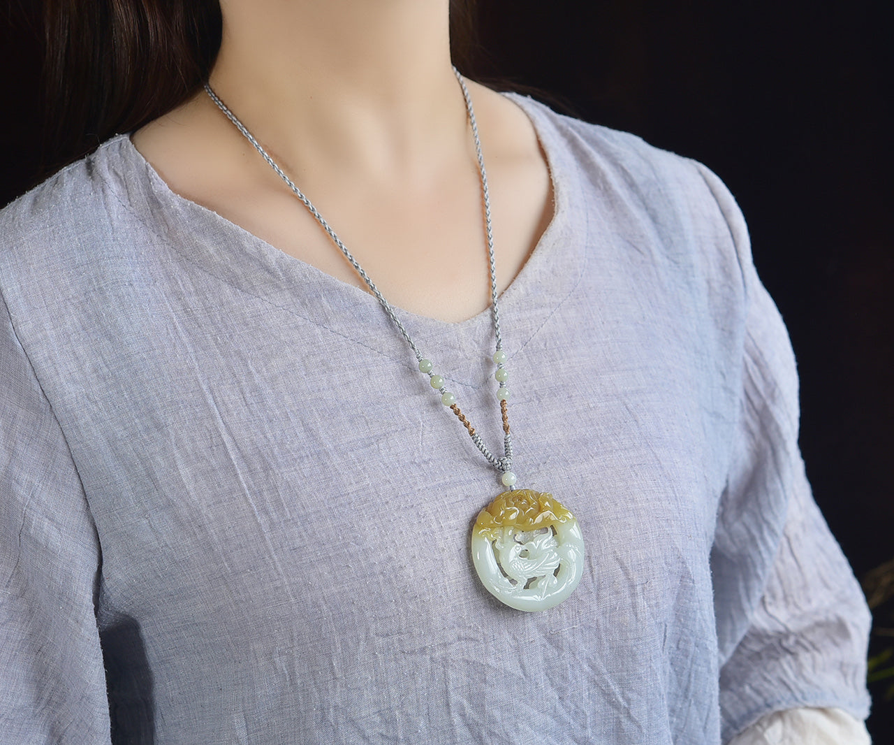 A2179 Openwork Chinese Hetian Jade Carved Phoenix & Peony Pendant w Hand Woven Necklace