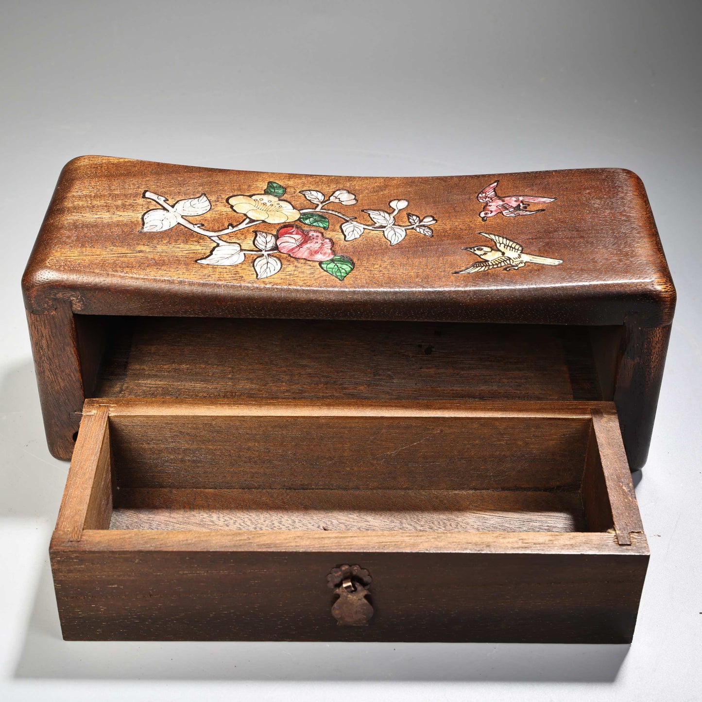 A2181 Vintage Chinese Huali Wood Inlay Shell Flowers Bird Pillow w Drawer