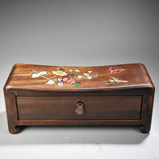 A2181 Vintage Chinese Huali Wood Inlay Shell Flowers Bird Pillow w Drawer