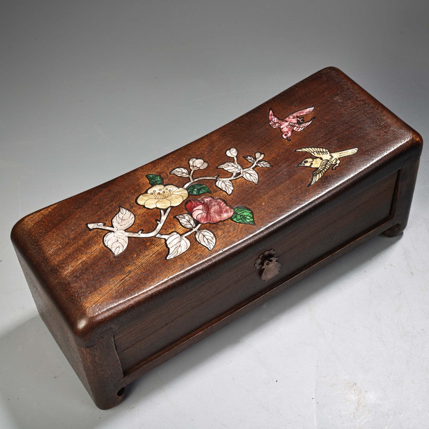 A2181 Vintage Chinese Huali Wood Inlay Shell Flowers Bird Pillow w Drawer