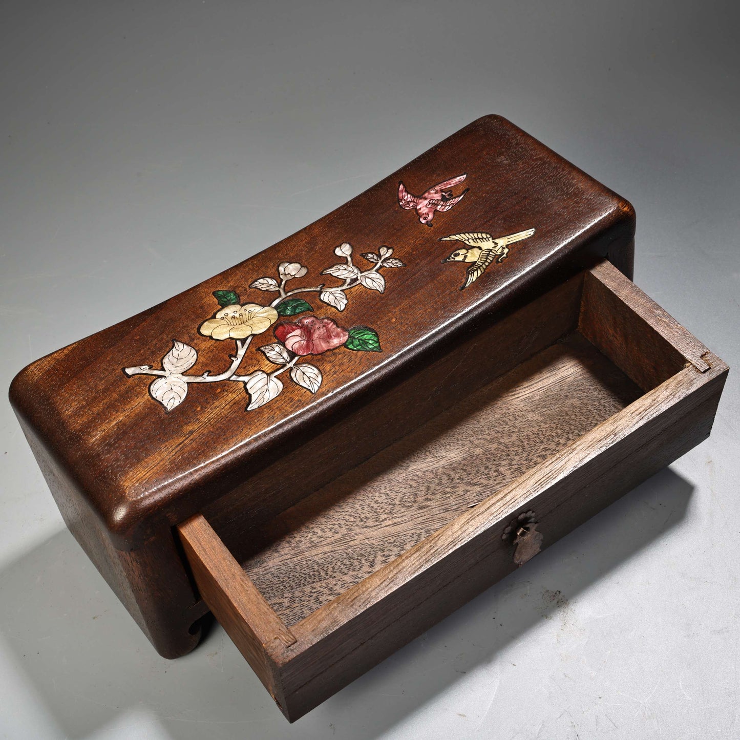 A2181 Vintage Chinese Huali Wood Inlay Shell Flowers Bird Pillow w Drawer