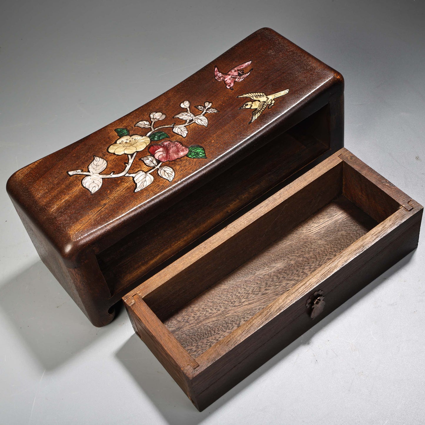 A2181 Vintage Chinese Huali Wood Inlay Shell Flowers Bird Pillow w Drawer