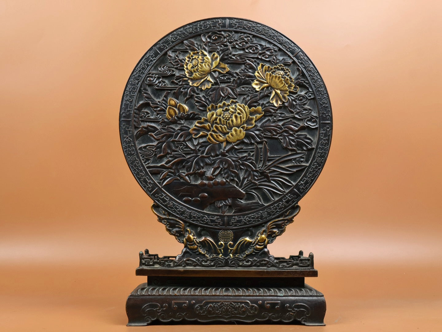 A2183 Chinese Gilt Gold Copper Low Relief Peony Design Screen