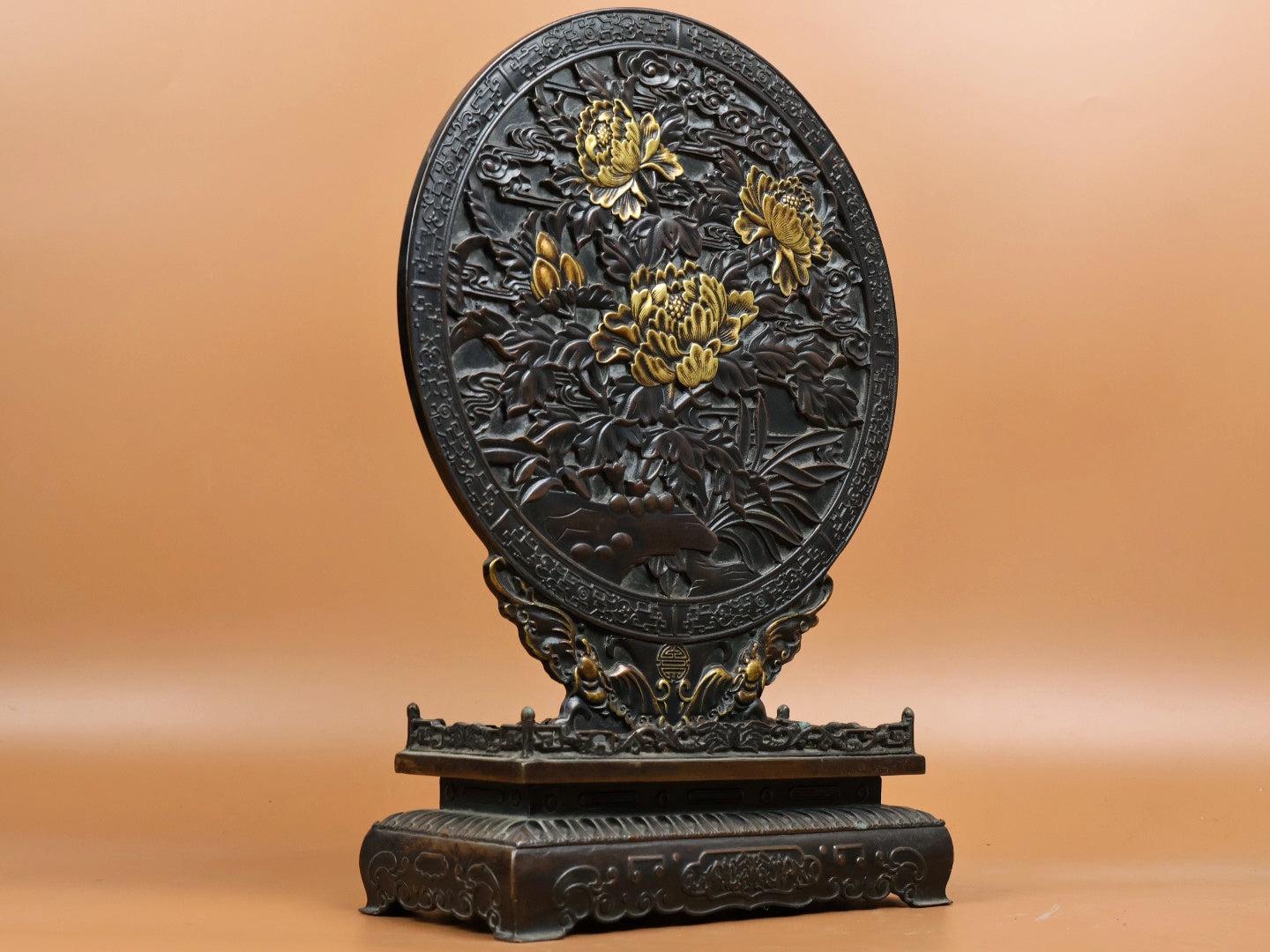 A2183 Chinese Gilt Gold Copper Low Relief Peony Design Screen