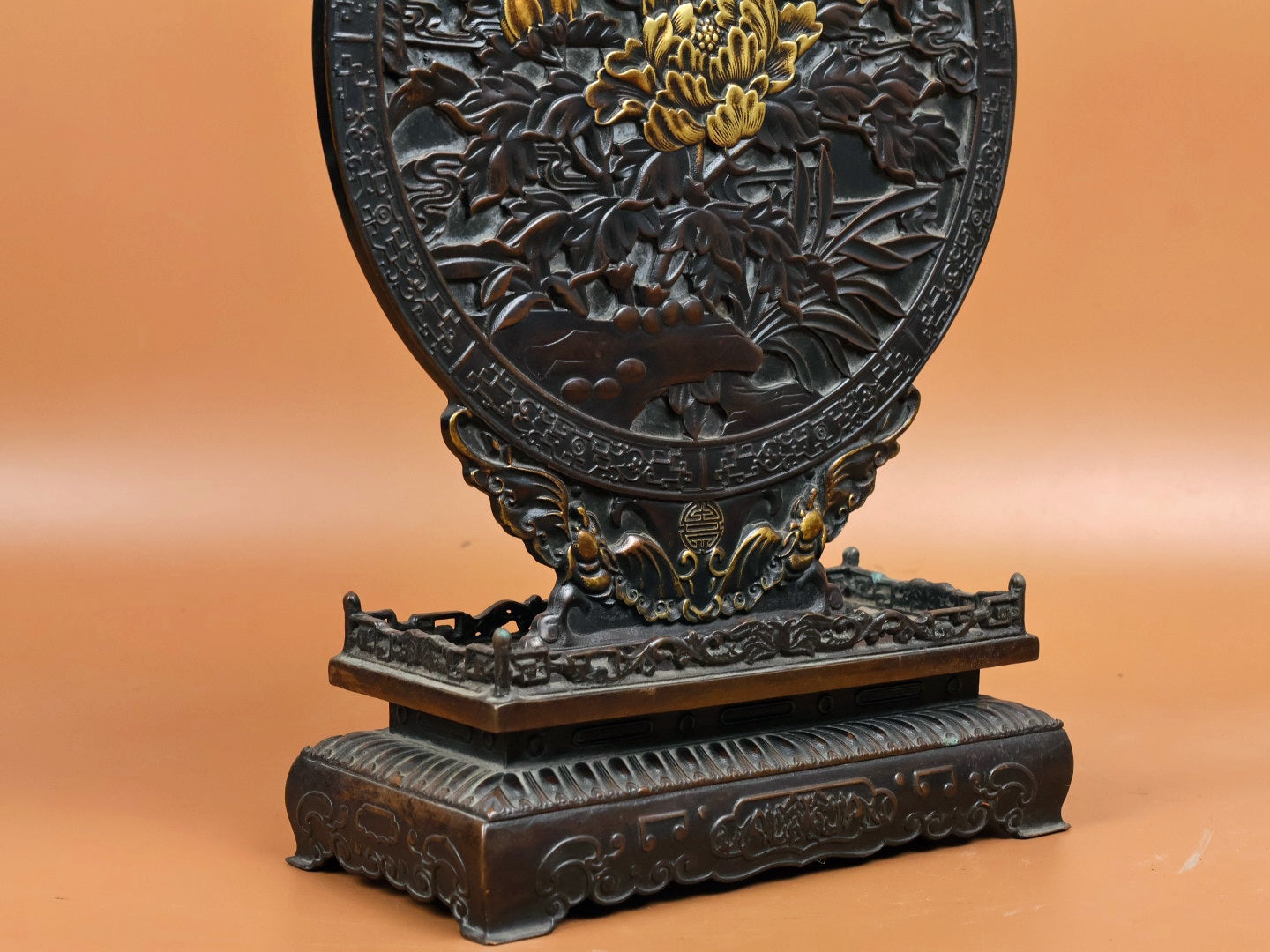 A2183 Chinese Gilt Gold Copper Low Relief Peony Design Screen
