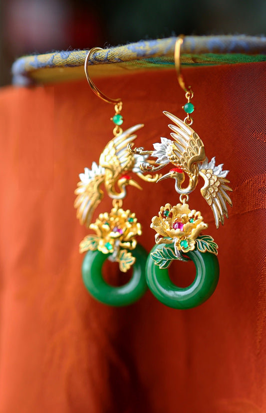 A2187 A Pair Beautiful Silver Plated Gilt Gold Enamel Inlay Green Hetian Jade Earring