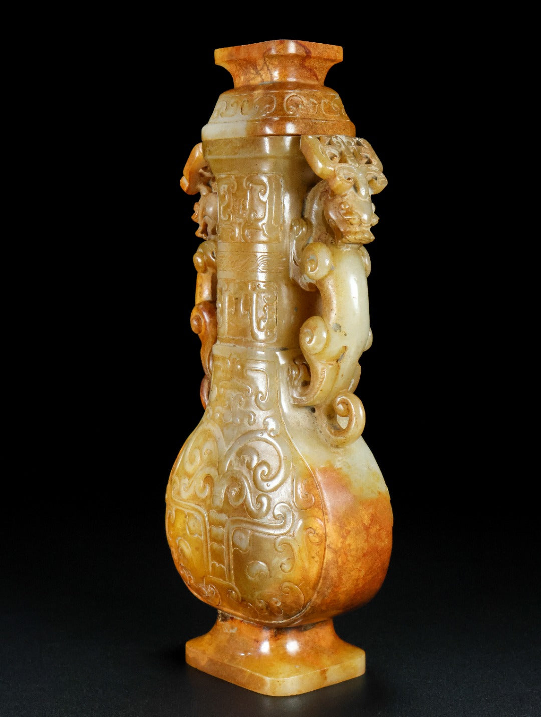 A2188 Superb Vintage Chinese Hetian Jade Carved Double Ear Beast Vase