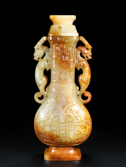 A2188 Superb Vintage Chinese Hetian Jade Carved Double Ear Beast Vase