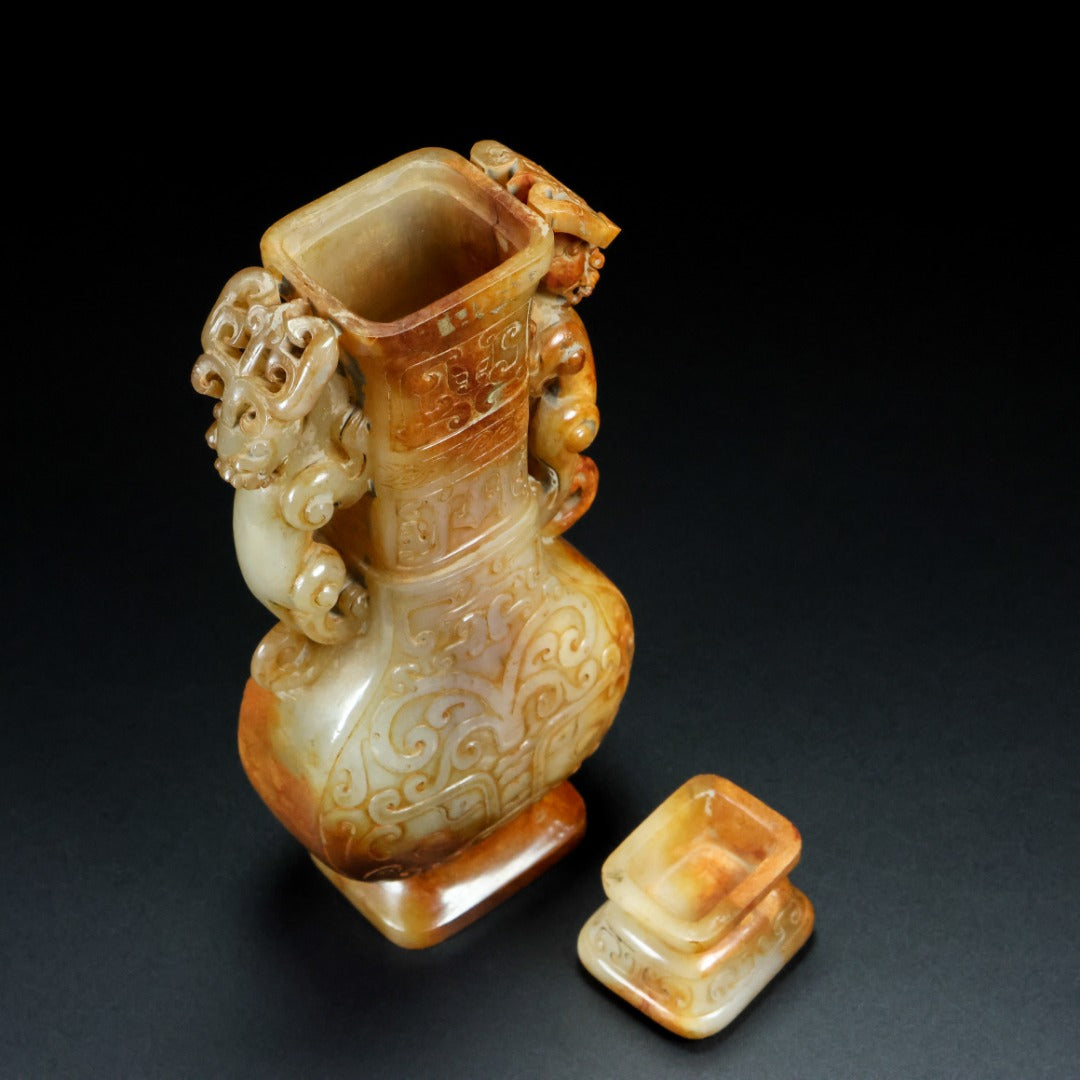 A2188 Superb Vintage Chinese Hetian Jade Carved Double Ear Beast Vase