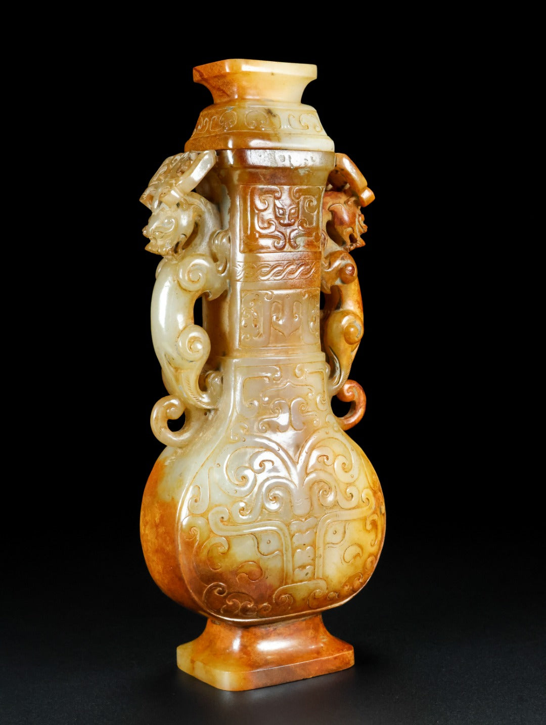 A2188 Superb Vintage Chinese Hetian Jade Carved Double Ear Beast Vase