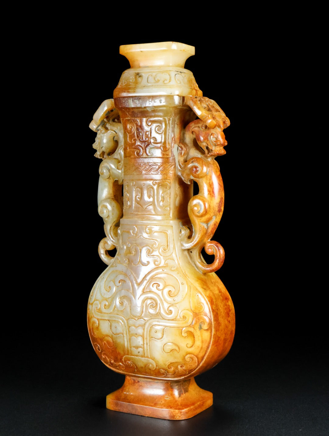 A2188 Superb Vintage Chinese Hetian Jade Carved Double Ear Beast Vase