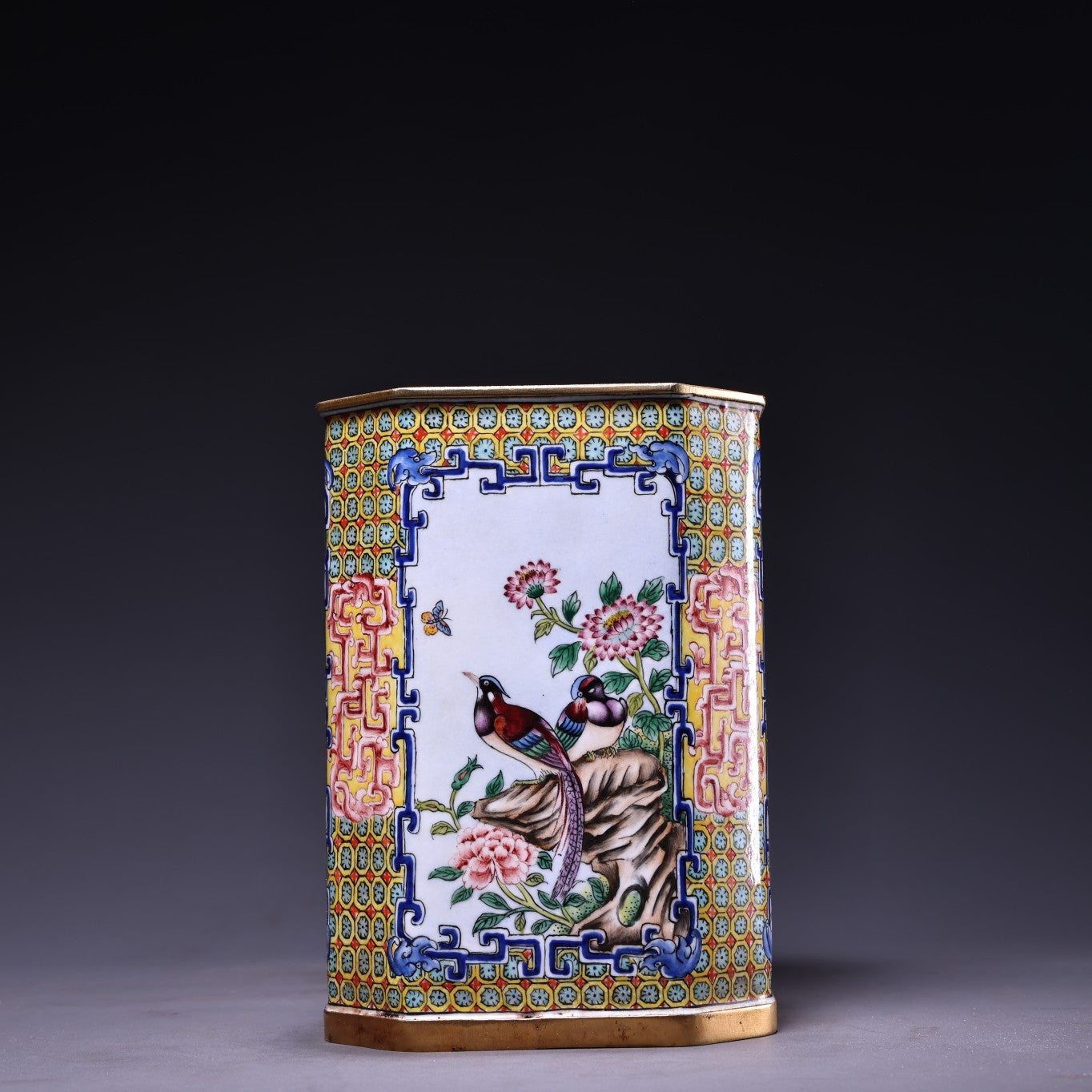 A2189 Vintage Chinese Copper Enamel Plum Flower & Magpie Design Brush Pot