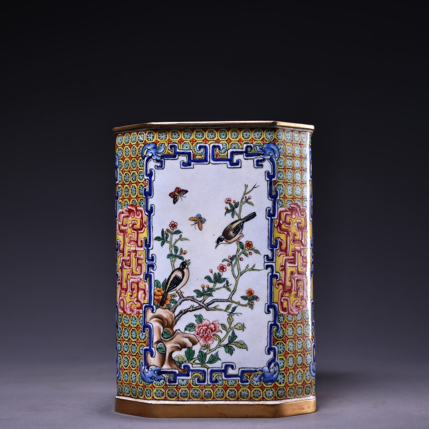 A2189 Vintage Chinese Copper Enamel Plum Flower & Magpie Design Brush Pot