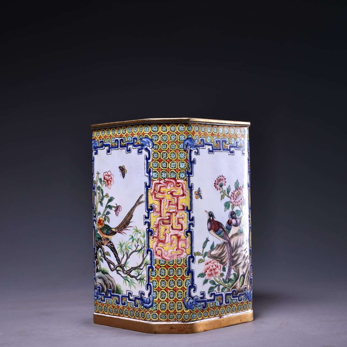A2189 Vintage Chinese Copper Enamel Plum Flower & Magpie Design Brush Pot