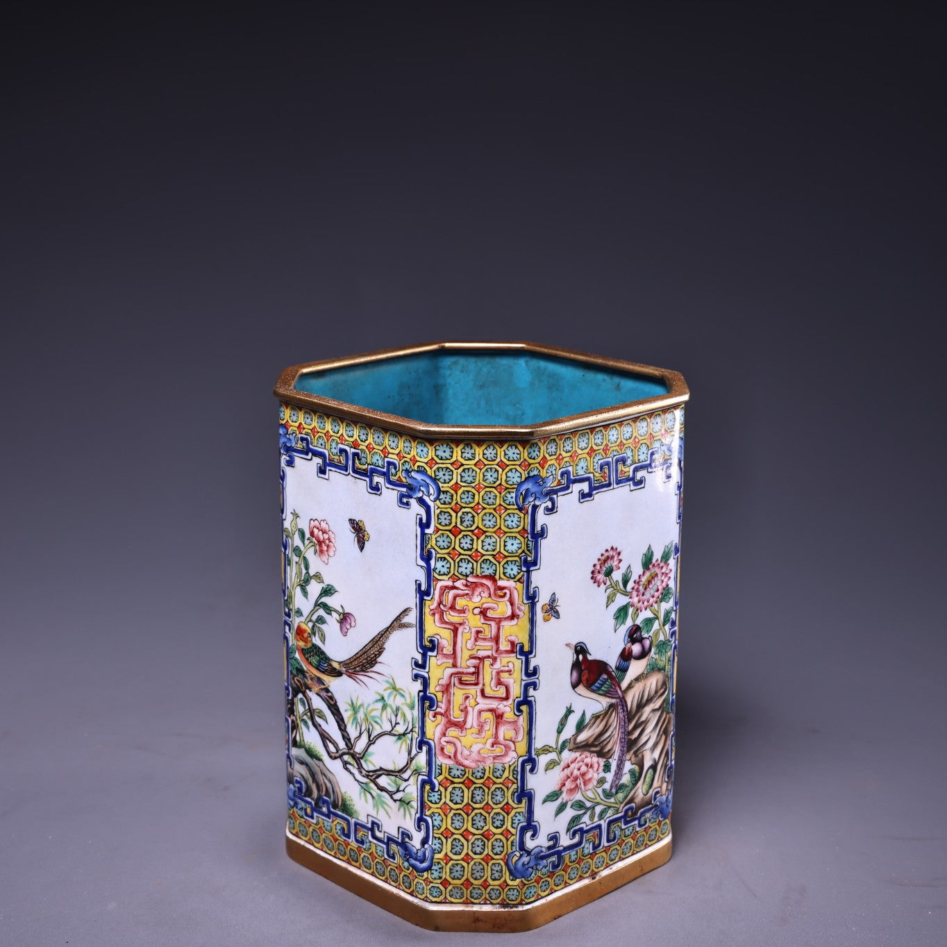 A2189 Vintage Chinese Copper Enamel Plum Flower & Magpie Design Brush Pot